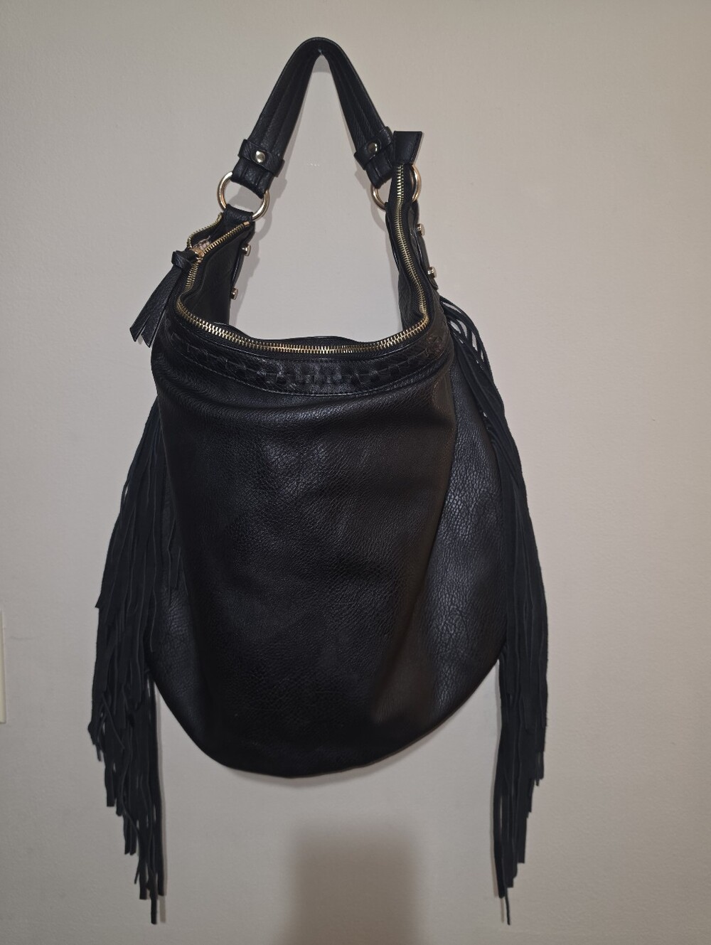 Maurices Black Fringe Leather Hobo Hand Bag